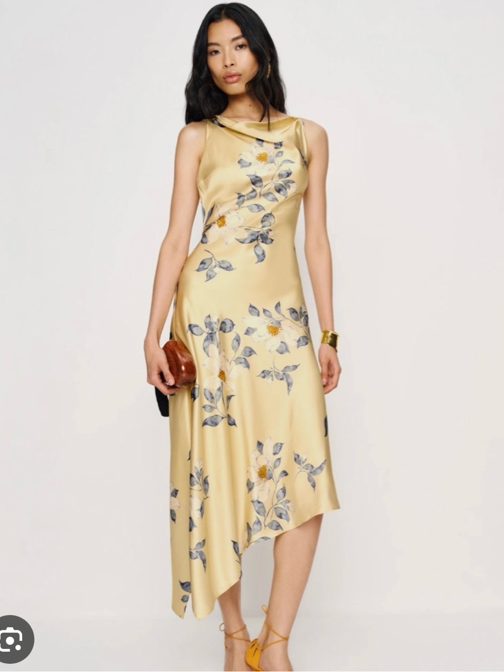 Reformation Scotia Yellow Floral Asymmetrical Slip Dress
